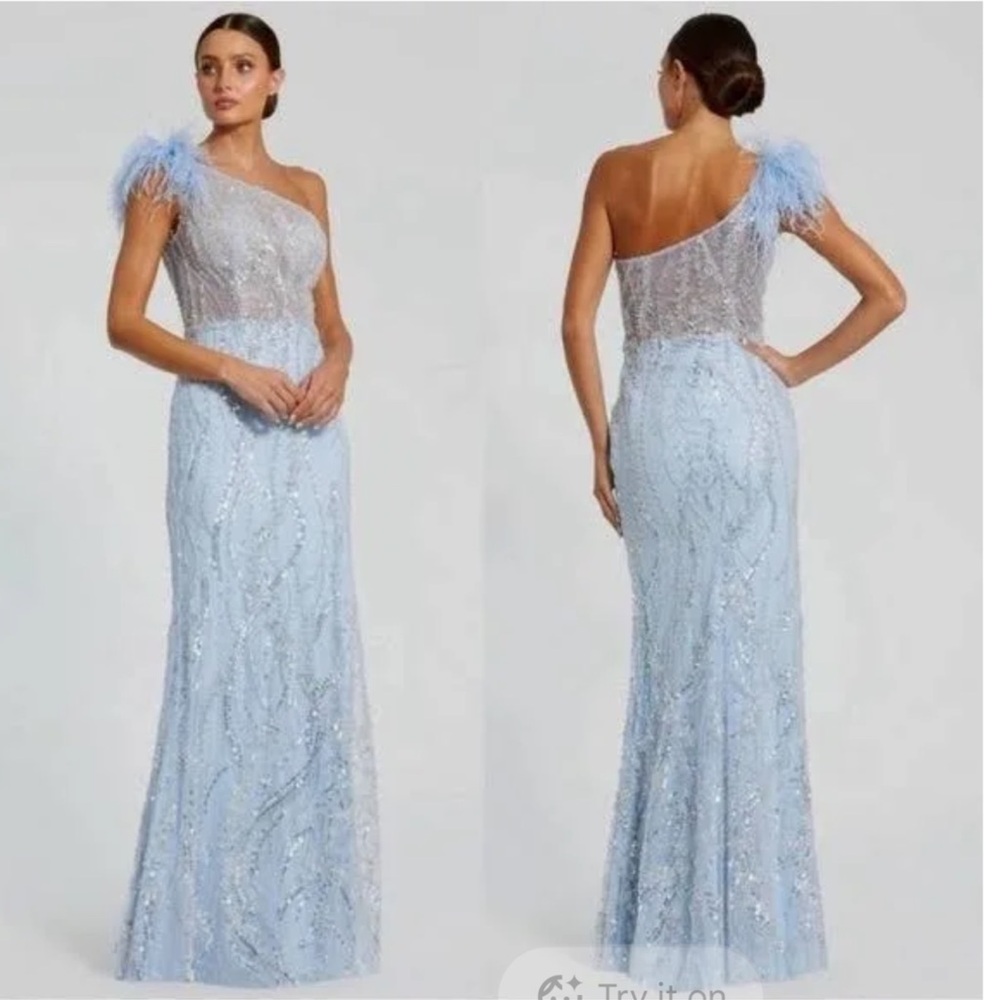 Mac Duggal Feathered One Shoulder Embroidered Applique Gown